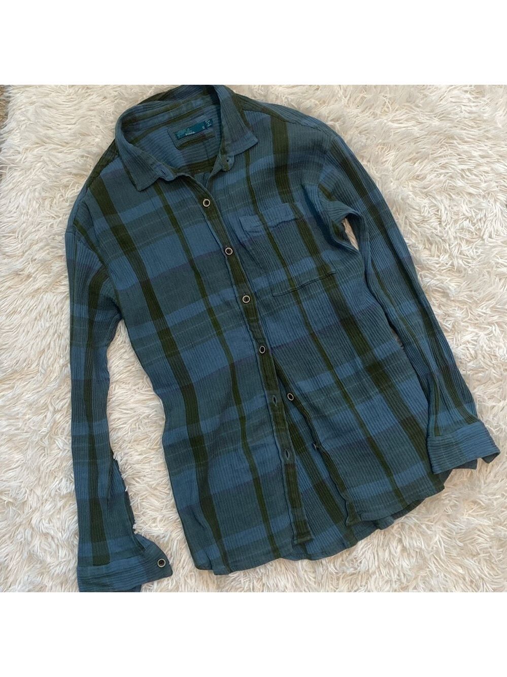 PrAna women’s blue note plaid Aconic organic cotton crinkle button down - Picture 9 of 10